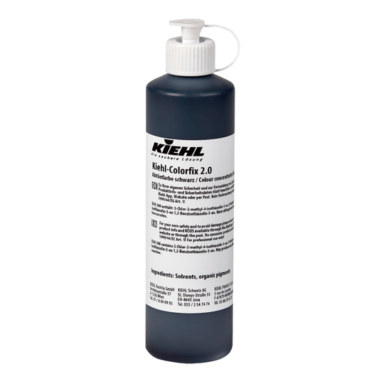 The Johannes Kiehl KG Kiehl-Colorfix 2.0 color concentrate in a plastic bottle with a pump and a white label with black and gray lettering contains dark liquid for long-lasting color results.