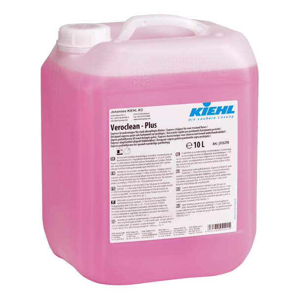 A 10-liter canister of Kiehl Veroclean-plus Express Basic Cleaner by Johannes Kiehl KG for heavily over-maintained floors, with a multilingual manual on the label.