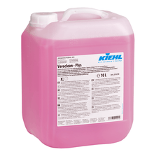 A 10-liter canister of Kiehl Veroclean-plus Express Basic Cleaner by Johannes Kiehl KG for heavily over-maintained floors, with a multilingual manual on the label.