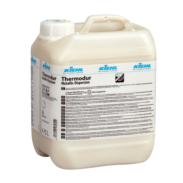 5-liter plastic container from Johannes Kiehl KG Thermodur Universal Dispersion with a white cap and blue branding for floor care indoors and outdoors. Sold in a box with 2 bottles. Label with product information and instructions.