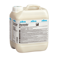 5-liter plastic container from Johannes Kiehl KG Thermodur Universal Dispersion with a white cap and blue branding for floor care indoors and outdoors. Sold in a box with 2 bottles. Label with product information and instructions.