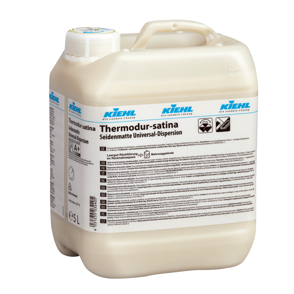 5-liter plastic container of Thermodur-satina silk matte universal dispersion by Johannes Kiehl KG, with screw cap and multilingual product and safety information on the front label; delivery in a box with 2 bottles.