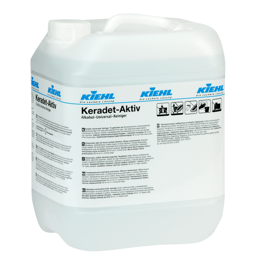 White 10-liter plastic container from Johannes Kiehl KG with the inscription "Kiehl Keradet-Active Alcohol Universal Cleaner", with printed instructions, safety symbols, a handle, and a screw cap. Suitable for all surfaces.