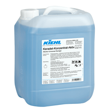 A 10-liter container made of transparent plastic with a handle and screw cap, filled with blue liquid. Label: "Kiehl Keradet-Concentrate-Active Alcohol-Universal Cleaner" by Johannes Kiehl KG, for streak-free cleaning, along with instructions and safety symbols.