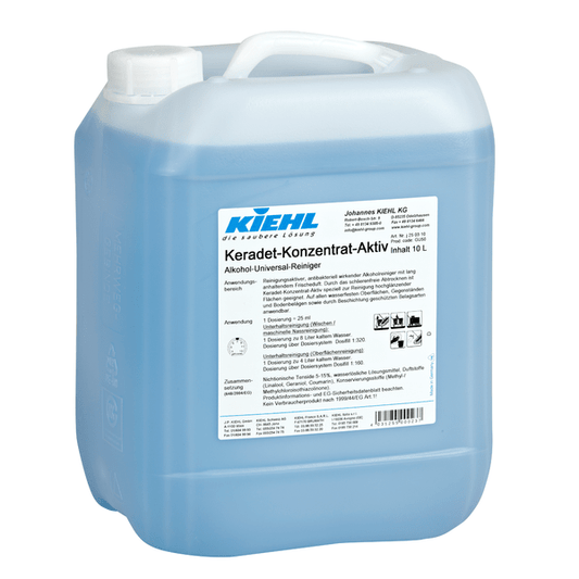 A 10-liter container made of transparent plastic with a handle and screw cap, filled with blue liquid. Label: "Kiehl Keradet-Concentrate-Active Alcohol-Universal Cleaner" by Johannes Kiehl KG, for streak-free cleaning, along with instructions and safety symbols.