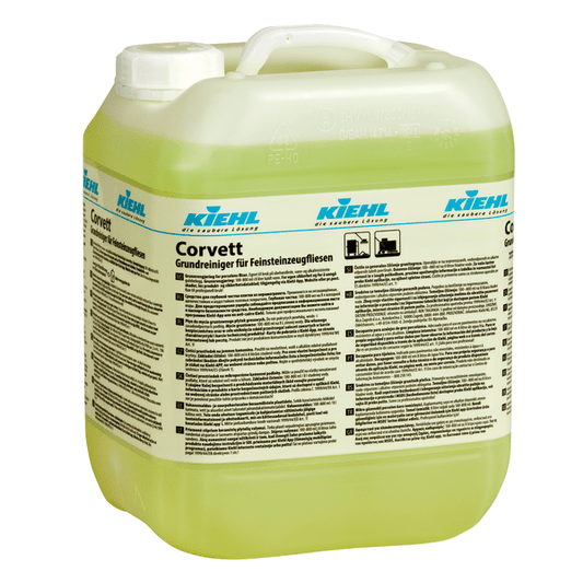 A translucent yellow plastic container with a handle and screw cap labeled "Kiehl Corvett Basic Cleaner for Porcelain Stoneware Tiles" by Johannes Kiehl KG shows multilingual product information for effective cleaning of porcelain stoneware tiles.
