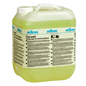 A translucent yellow plastic container with a handle and screw cap labeled "Kiehl Corvett Basic Cleaner for Porcelain Stoneware Tiles" by Johannes Kiehl KG shows multilingual product information for effective cleaning of porcelain stoneware tiles.