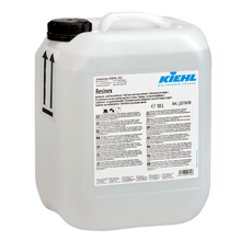 A 10-liter canister made of white plastic with the label "Kiehl Resinex Ball Wax and Resin Remover" from Johannes Kiehl KG, with a large handle, black screw cap, multilingual instructions, and two black arrows on the side.