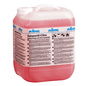 A large transparent plastic container with a white lid contains a red liquid. The label reads "Kiehl Sanpurid-Citro sanitary cleaner with citrus fresh scent" by Johannes Kiehl KG and contains information and instructions in German.