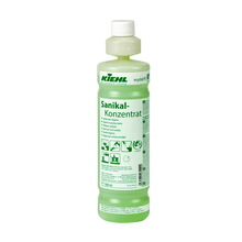 The green 1-liter bottle of Kiehl Sanikal-Concentrate Sanitary Room Hygiene from Johannes Kiehl KG has a white cap and a green label with text and symbols for sanitary cleaning.
