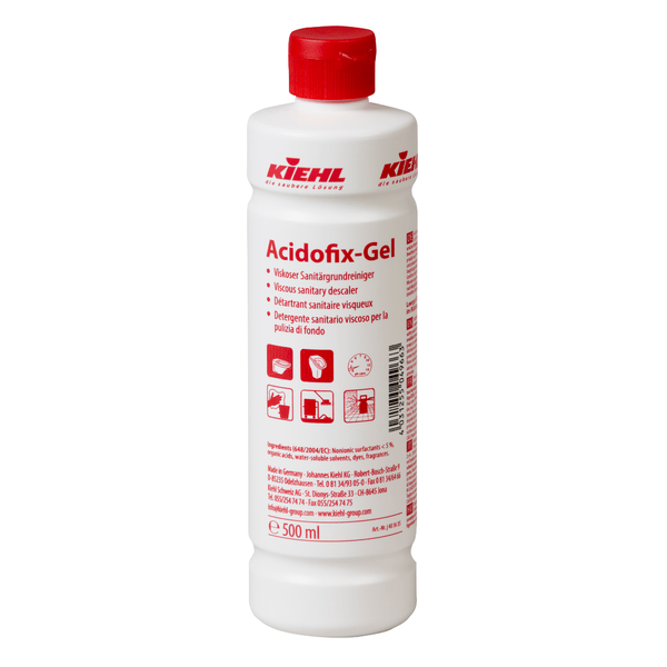 The white 500 ml plastic bottle of Johannes Kiehl KG Acidofix-Gel Viscous Sanitary Basic Cleaner has a red cap and a label with multilingual instructions and symbols for removing lime deposits. Sold in boxes of 12 bottles.
