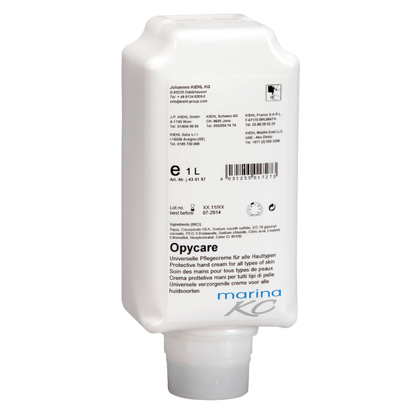 White 1-liter bottle of Johannes Kiehl KG Kiehl Opycare Universal Care Lotion for all skin types, with rectangular shape and multilingual product information on the front label; suitable as a lotion for all skin types.