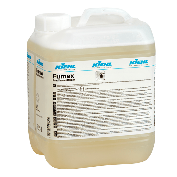 A 5-liter container made of clear plastic with a white lid and handle, filled with a yellowish liquid. The label reads "Kiehl Fumex Smoke Resin Remover" by Johannes Kiehl KG, a cleaner for smoking areas, with information and instructions in German.