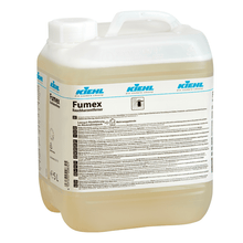 A 5-liter container made of clear plastic with a white lid and handle, filled with a yellowish liquid. The label reads "Kiehl Fumex Smoke Resin Remover" by Johannes Kiehl KG, a cleaner for smoking areas, with information and instructions in German.