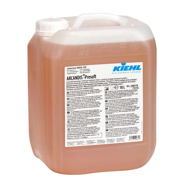 A 10-liter canister of Kiehl ARCANDIS-Presoft Gentle Pre-cleaner from Johannes Kiehl KG, with a white screw cap and a large multilingual label with product and safety information. The Kiehl brand is prominently displayed on the label.