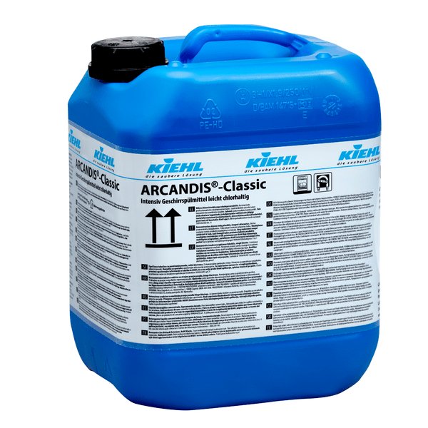 Blue plastic container with a black lid and the label "Kiehl ARCANDIS-Classic Intensive Dishwashing Detergent, slightly chlorinated" from Johannes Kiehl KG. The label shows instructions, safety symbols, and information in multiple languages.