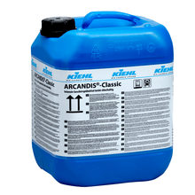 Blue plastic container with a black lid and the label "Kiehl ARCANDIS-Classic Intensive Dishwashing Detergent, slightly chlorinated" from Johannes Kiehl KG. The label shows instructions, safety symbols, and information in multiple languages.