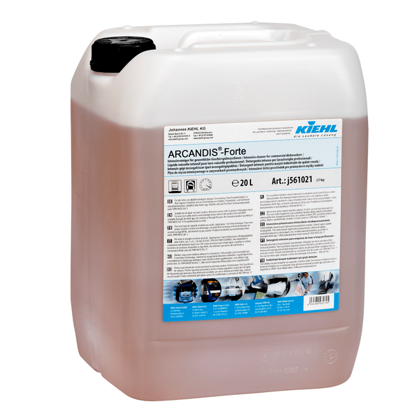 A 20-liter plastic container of Kiehl ARCANDIS-Forte Intensive Cleaner for Commercial Dishwashers by Johannes Kiehl KG with a white handle and a detailed front label with instructions and images.