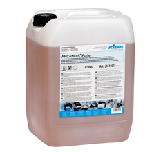 A 20-liter plastic container of Kiehl ARCANDIS-Forte Intensive Cleaner for Commercial Dishwashers by Johannes Kiehl KG with a white handle and a detailed front label with instructions and images.