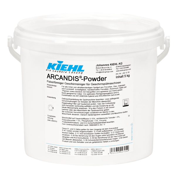 A white 5 kg plastic container of Kiehl ARCANDIS-Powder powdered dishwashing detergent for dishwashers by Johannes Kiehl KG, labeled in German with product information, handle, and sealed lid.