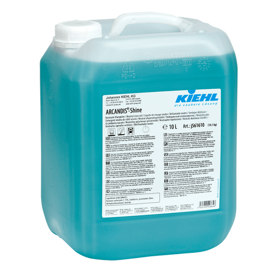 A 10-liter container made of transparent plastic with blue liquid "Kiehl ARCANDIS-Shine Neutral Rinse Aid" from Johannes Kiehl KG for dishwashers, ensures streak-free shine. Multilingual instructions and warnings included.