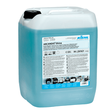 A 20-liter container made of transparent plastic, filled with blue liquid labeled "Kiehl ARCANDIS-Shine Neutral Rinse Aid" from Johannes Kiehl KG, with streak-free shine for dishwashing machines, product information, instructions for use, and care images.