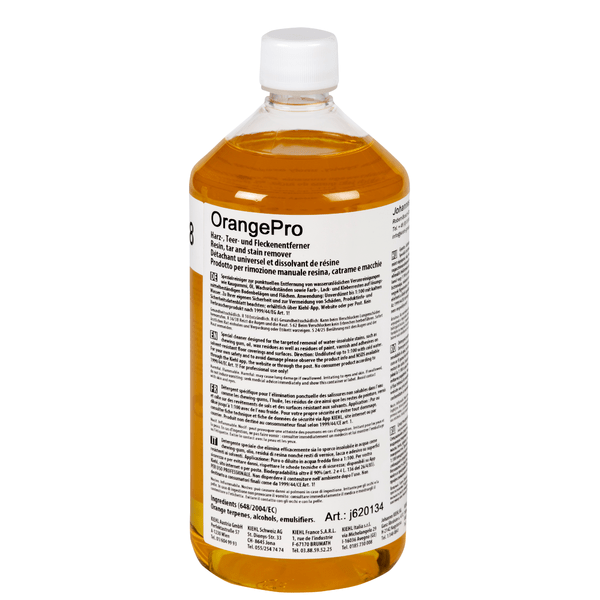 A 1L clear bottle of Kiehl OrangePro resin, tar, and stain remover from Johannes Kiehl KG, filled with orange liquid. The multilingual label and the barcode are shown, the bottle is equipped with a screw cap.