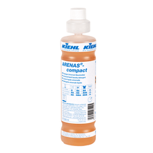 A 1-liter bottle of Kiehl ARENAS-compact Liquid Universal Detergent from Johannes Kiehl KG with a white cap and blue-white label ensures effective stain removal in all areas of laundry. Available in cartons with 6 bottles.