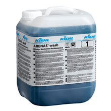 A 10-liter plastic container of Kiehl ARENAS-wash Liquid Detergent by Johannes Kiehl KG, with blue liquid and multilingual label. This phosphate-free formula ensures effective stain removal.