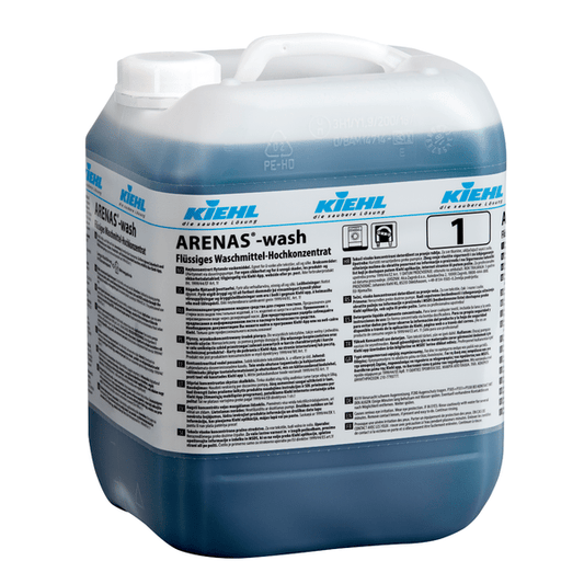 A 10-liter plastic container of Kiehl ARENAS-wash Liquid Detergent by Johannes Kiehl KG, with blue liquid and multilingual label. This phosphate-free formula ensures effective stain removal.