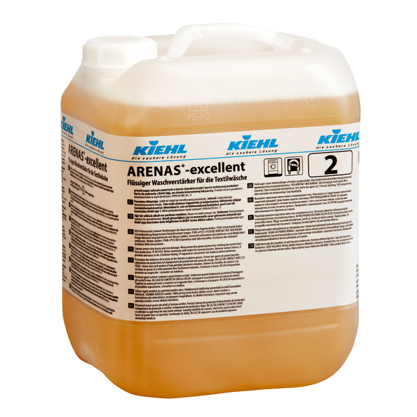 Large plastic container of Kiehl ARENAS-excellent Liquid Laundry Booster by Johannes Kiehl KG with a white cap and yellowish liquid. The label contains German instructions and information on effective stain removal.