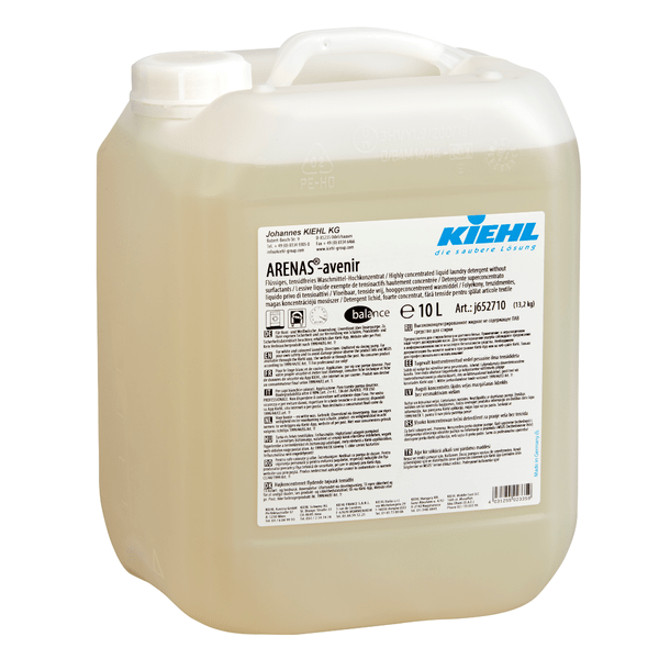 A 10-liter plastic container of Kiehl ARENAS-avenir liquid surfactant-free detergent from Johannes Kiehl KG, with a white lid, translucent body, and several labels and instructions on the front.
