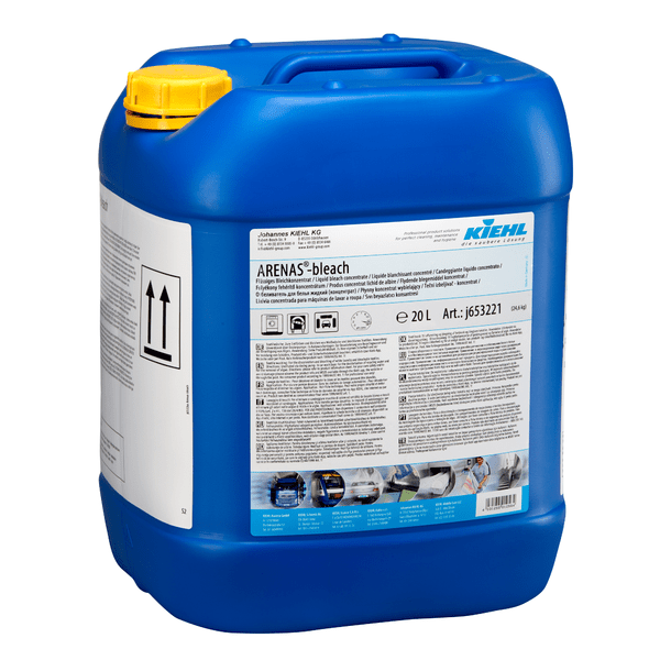 A blue 20-liter plastic canister with a yellow lid and the inscription "Kiehl ARENAS-bleach Liquid Bleach Concentrate" by Johannes Kiehl KG; the front shows instructions for use, warnings, and cleaning applications.
