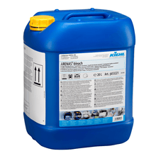 A blue 20-liter plastic canister with a yellow lid and the inscription "Kiehl ARENAS-bleach Liquid Bleach Concentrate" by Johannes Kiehl KG; the front shows instructions for use, warnings, and cleaning applications.