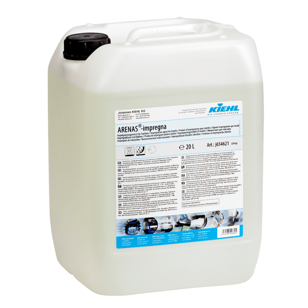 A white 20 l plastic canister with a black lid contains Kiehl ARENAS-impregna liquid impregnation agent for textiles by Johannes Kiehl KG. The front label lists product information, instructions, and recommended uses for textiles.