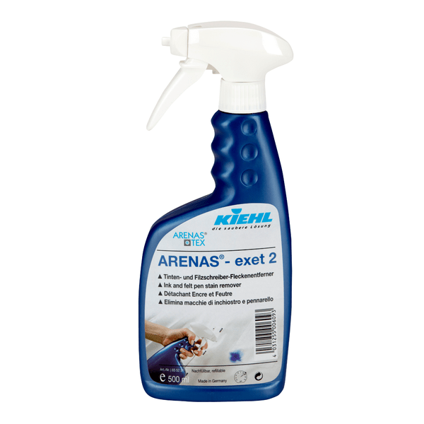 A 500 ml bottle of Johannes Kiehl KG ARENAS-exet 2 ink and felt-tip pen stain remover is equipped with a white spray head and a blue, multilingual label and is available in a box of 6 bottles.