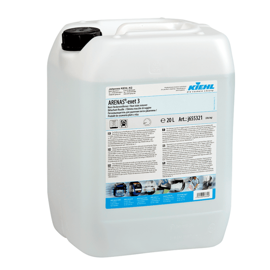 A 20-liter container made of translucent plastic with the Kiehl ARENAS-exet 3 rust stain remover from Johannes Kiehl KG with a black screw cap and multilingual product labels and instructions on the front.