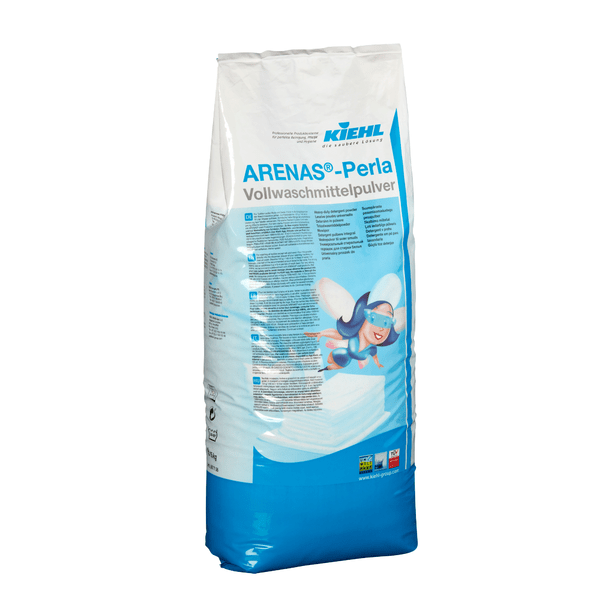 The white-blue 15 kg bulk pack of Kiehl ARENAS-Perla powdered detergent by Johannes Kiehl KG is adorned on the front with a text and a flying fairy as a cartoon.