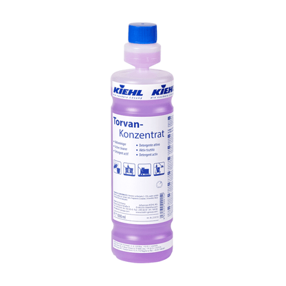 A 1-liter bottle of Kiehl Torvan Concentrate Active Cleaner by Johannes Kiehl KG with a violet cap and label with violet cleaning solution stands on a white background.