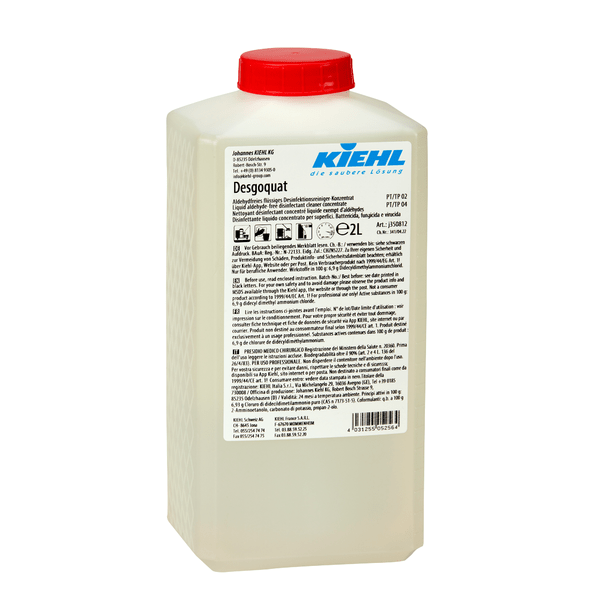 A rectangular plastic container with a red cap and white label bears the inscription "Kiehl Desgoquat Aldehyde-Free Liquid Disinfectant Cleaner Concentrate" by Johannes Kiehl KG with product information and application instructions in black text.