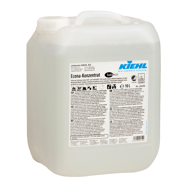 10-liter container made of clear plastic with Kiehl Econa Concentrate balance all-purpose cleaner without fragrances and dyes by Johannes Kiehl KG, with a white label with product information, safety instructions, and branding in black and blue lettering.