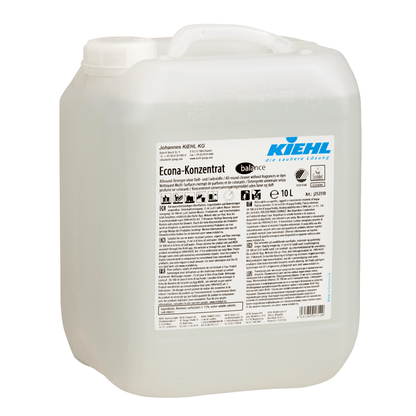 10-liter container made of clear plastic with Kiehl Econa Concentrate balance all-purpose cleaner without fragrances and dyes by Johannes Kiehl KG, with a white label with product information, safety instructions, and branding in black and blue lettering.