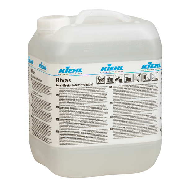 A large, transparent plastic container with a white lid and handle from Johannes Kiehl KG bears the inscription "Kiehl Rivas Surfactant-Free Intensive Cleaner" and is equipped with multilingual instructions, symbols, and texts for cleaning various surfaces.