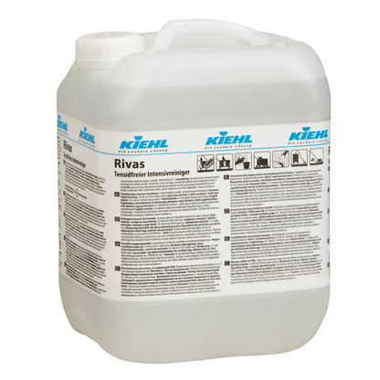 A large, transparent plastic container with a white lid and handle from Johannes Kiehl KG bears the inscription "Kiehl Rivas Surfactant-Free Intensive Cleaner" and is equipped with multilingual instructions, symbols, and texts for cleaning various surfaces.