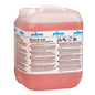 A large, transparent plastic container with pink liquid is labeled "Kiehl Duocit-eco sanitary cleaner with orange freshness" by Johannes Kiehl KG and on the front, product information and eco-friendly cleaning tips in German.