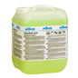 A transparent plastic container with a handle and screw cap, filled with light green liquid, labeled "Kiehl Sanikal-eco Sanitary Room Hygiene" by Johannes Kiehl KG, with instructions for effective cleaning and a detailed manual.