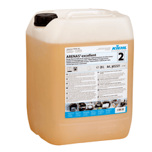 A large, transparent plastic container with a black cap contains a light orange liquid labeled "Kiehl ARENAS-excellent Liquid Laundry Booster" by Johannes Kiehl KG, known in multiple languages for effective stain removal.