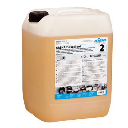 A large, transparent plastic container with a black cap contains a light orange liquid labeled "Kiehl ARENAS-excellent Liquid Laundry Booster" by Johannes Kiehl KG, known in multiple languages for effective stain removal.