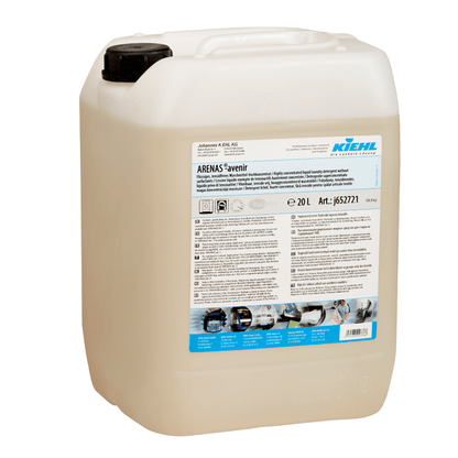 A 20-liter plastic container of Kiehl ARENAS-avenir liquid surfactant-free detergent from Johannes Kiehl KG, environmentally friendly, with a black lid and a white label with multilingual product information and instructions.