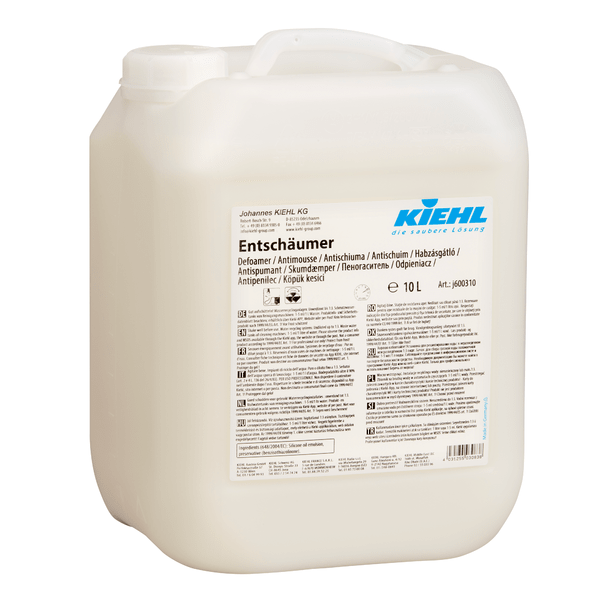 A 10-liter plastic container from Kiehl Entschäumer for foam reduction of the dirty fleet by Johannes Kiehl KG; the white label shows product information, safety symbols, and a blue Kiehl logo at the top right.